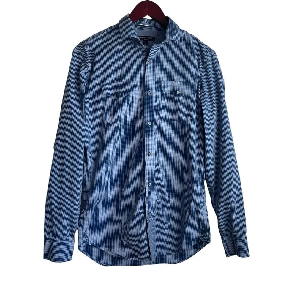 Banana Republic Mens Shirt S Blue Checked Button Up Preppy Travel Office Casual